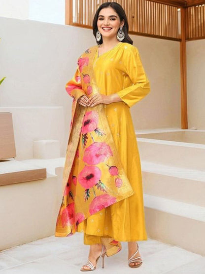 Dhiyona IS Women's Women Ethnic Motifs Self Design Pure Silk Kurta with Trousers & Dupatta