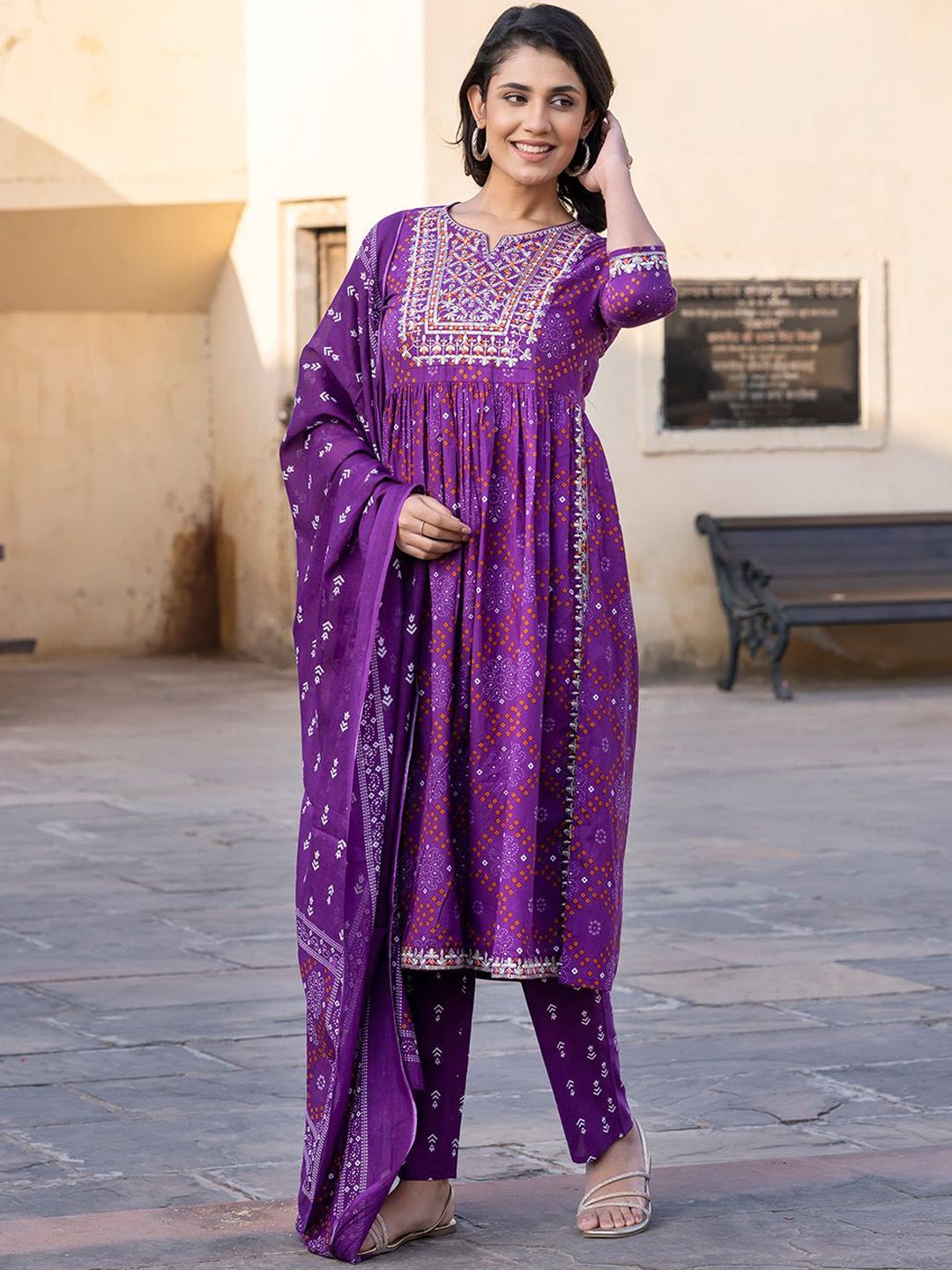 Dhiyona KL Bandhani Printed Thread Work Pure Cotton A-Line Kurta With Trouser & Dupatta