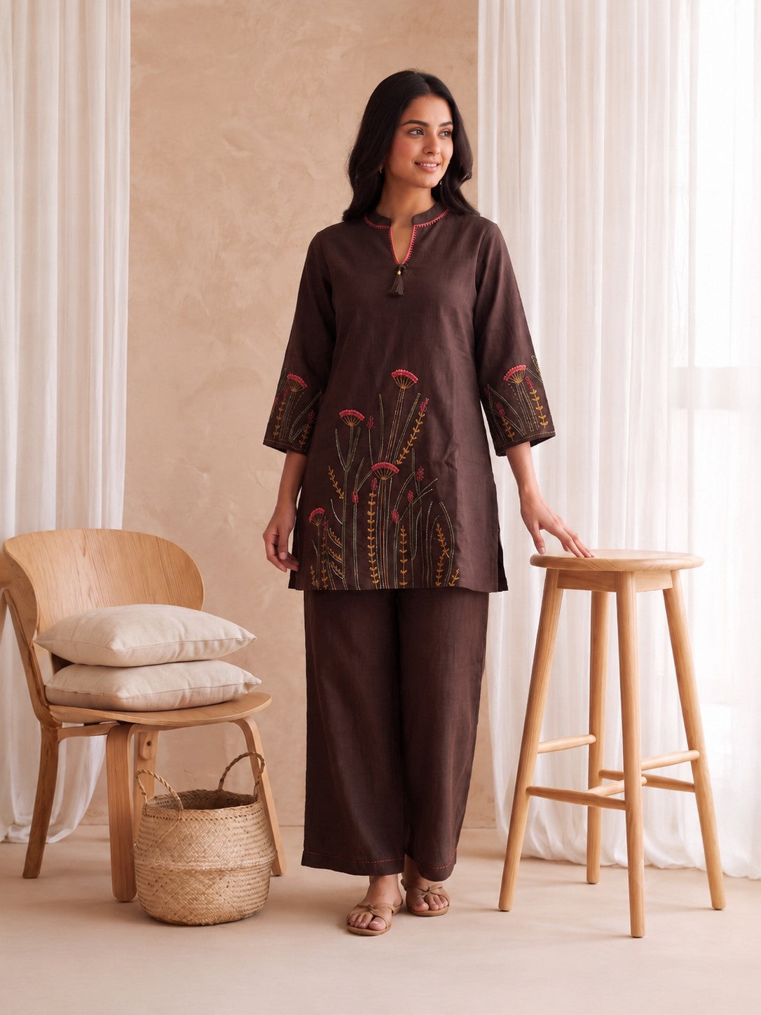 Dhara Coffee Embroidered Cotton Co-Ord Set