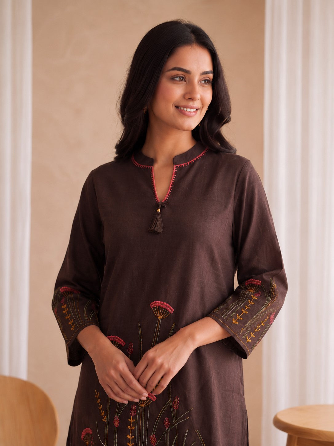 Dhara Coffee Embroidered Cotton Co-Ord Set