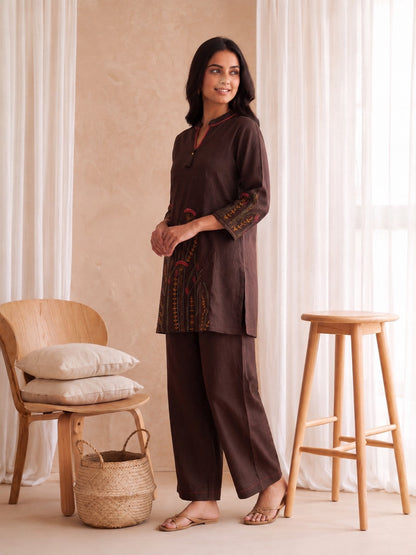 Dhara Coffee Embroidered Cotton Co-Ord Set