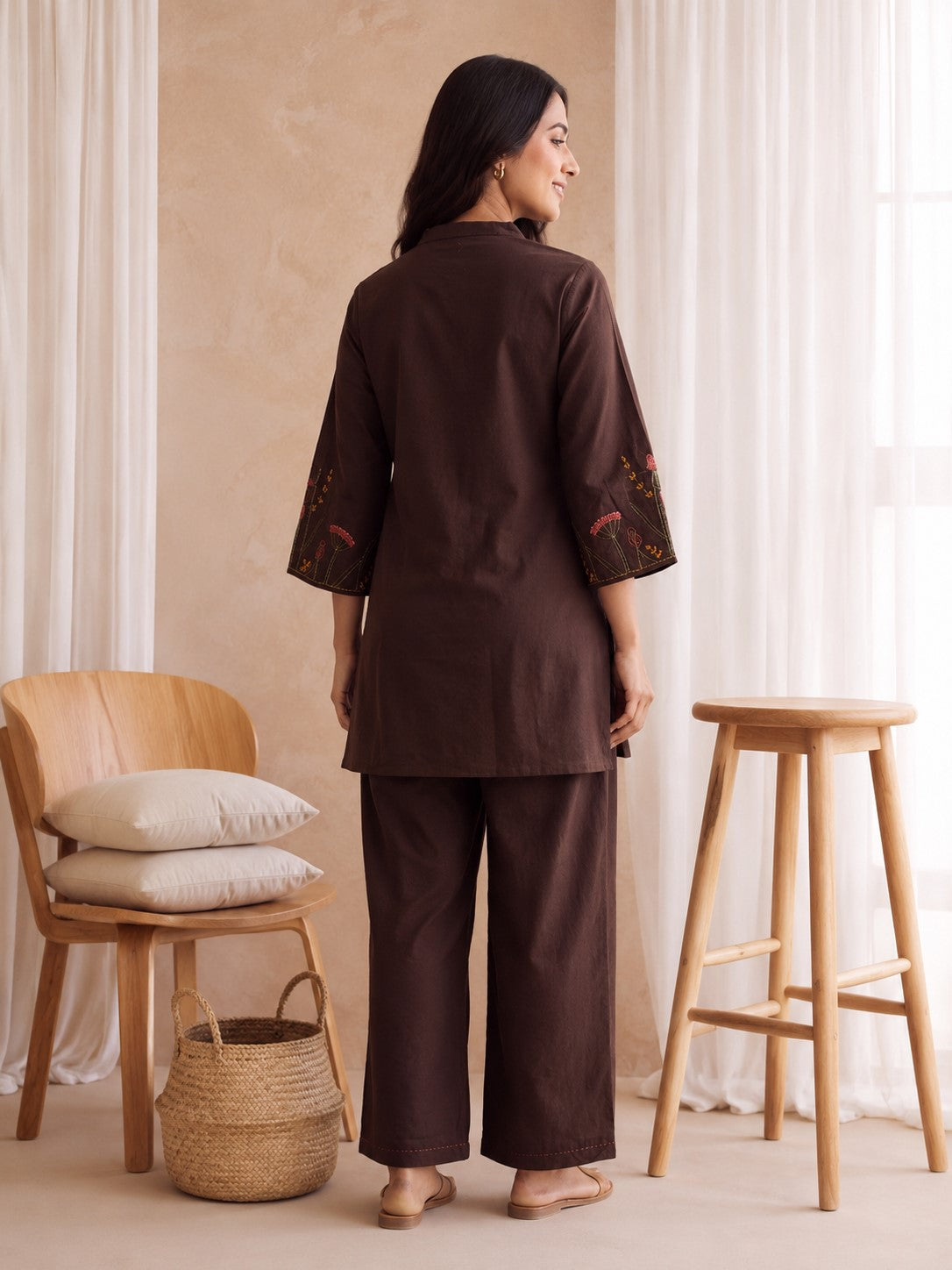 Dhara Coffee Embroidered Cotton Co-Ord Set
