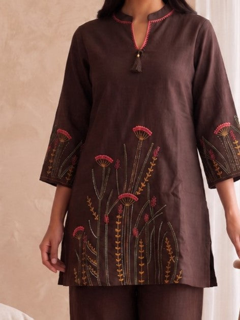 Dhara Coffee Embroidered Cotton Co-Ord Set