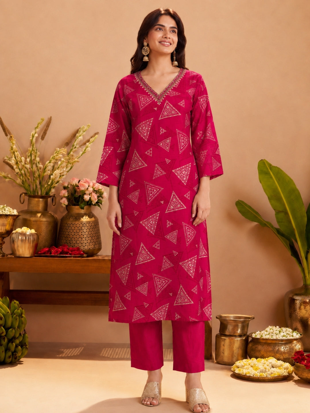 Sanjh Trirose Printed Works Suit Set