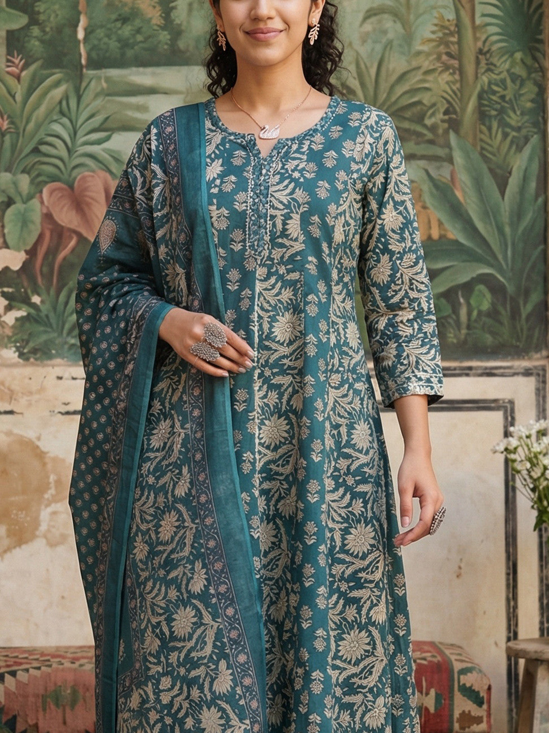 Women's Pure Cotton 3 Pcs Teal Colour Flared Printed Kurta Sets Kurta Sets