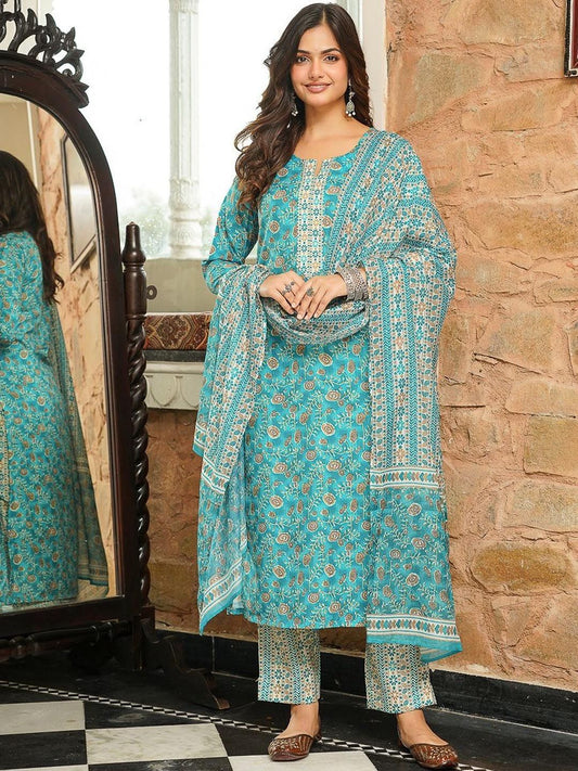 Dhiyona KL Ethnic Motifs Printed Notch Neck Straight Kurta With Trousers & Dupatta