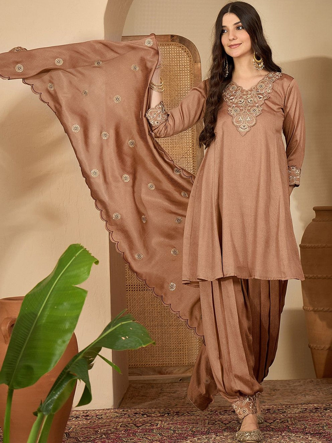 Embroidered V-Neck Kurta & Dhoti Pants With Dupatta