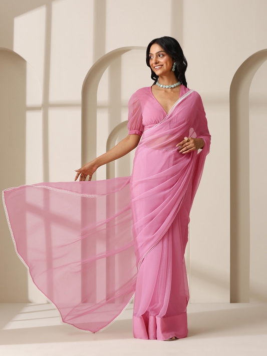 Dhiyona ST Dark Blush Pink Chiffon Saree with Lace and Self Fabric Blouse
