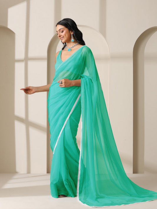 Dhiyona ST Blue Ice Chiffon with Lace and Self Blouse Fabric