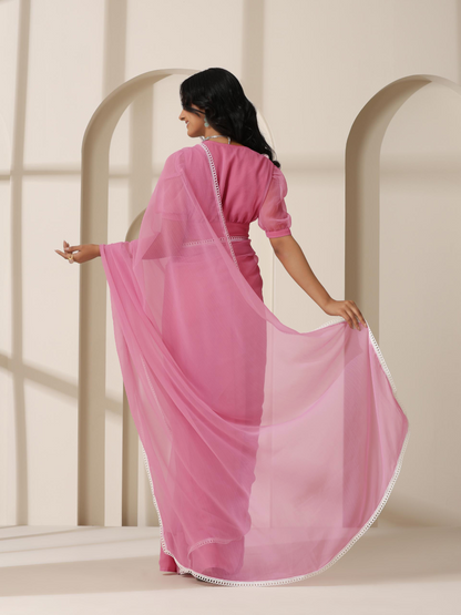 Dhiyona ST Dark Blush Pink Chiffon Saree with Lace and Self Fabric Blouse