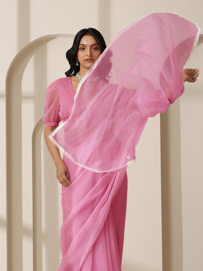 Dhiyona ST Dark Blush Pink Chiffon Saree with Lace and Self Fabric Blouse