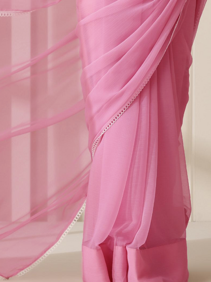 Dhiyona ST Dark Blush Pink Chiffon Saree with Lace and Self Fabric Blouse