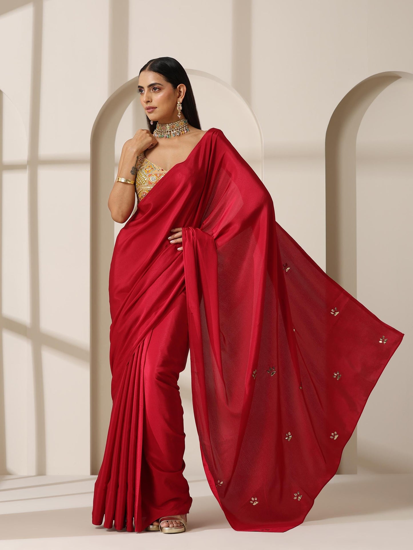 Dhiyona ST Red Crepe Saree with Beads on Pallu and Self Blouse Fabric