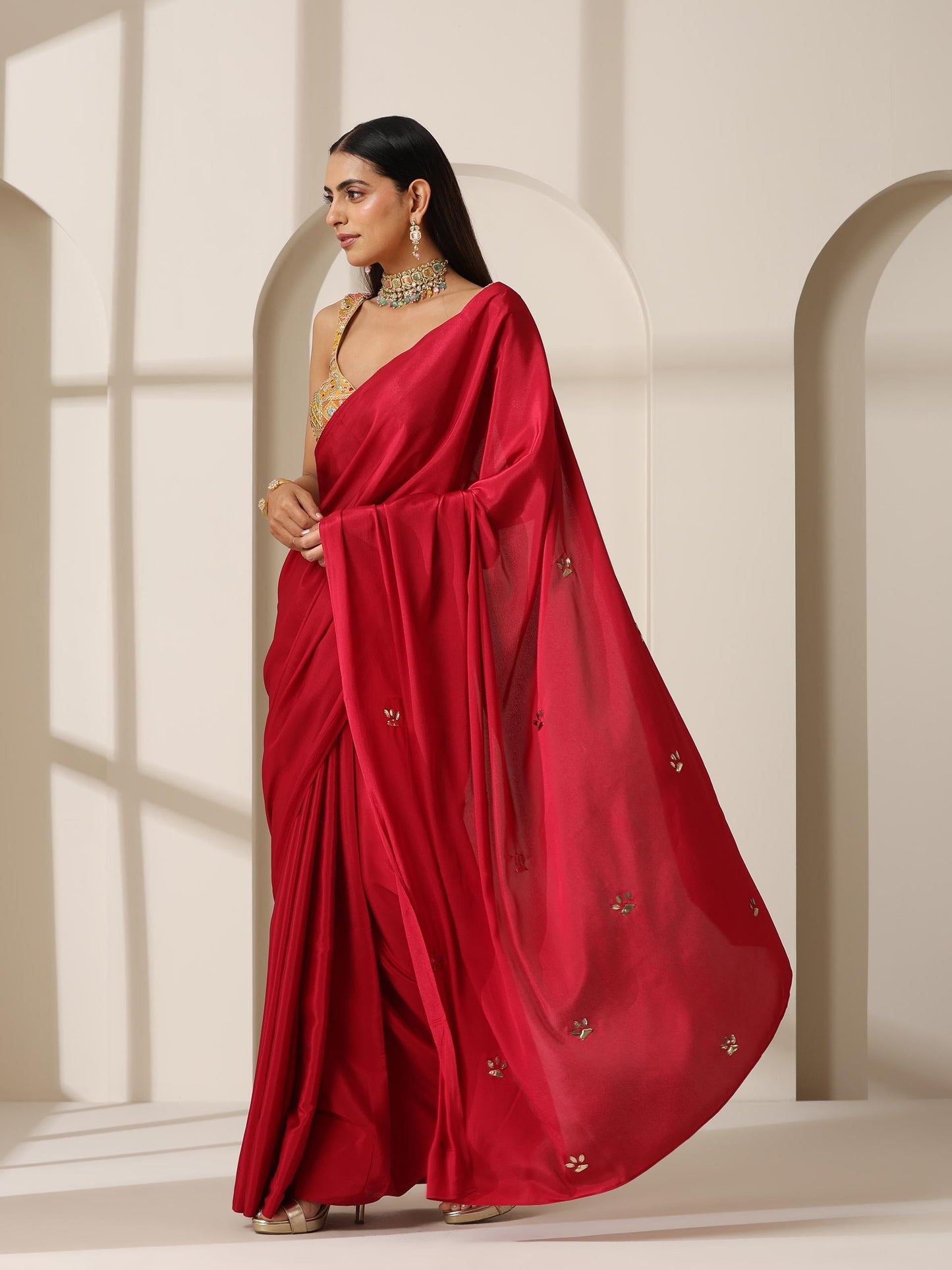 Dhiyona ST Red Crepe Saree with Beads on Pallu and Self Blouse Fabric