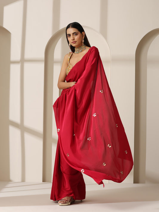 Dhiyona ST Red Crepe Saree with Beads on Pallu and Self Blouse Fabric