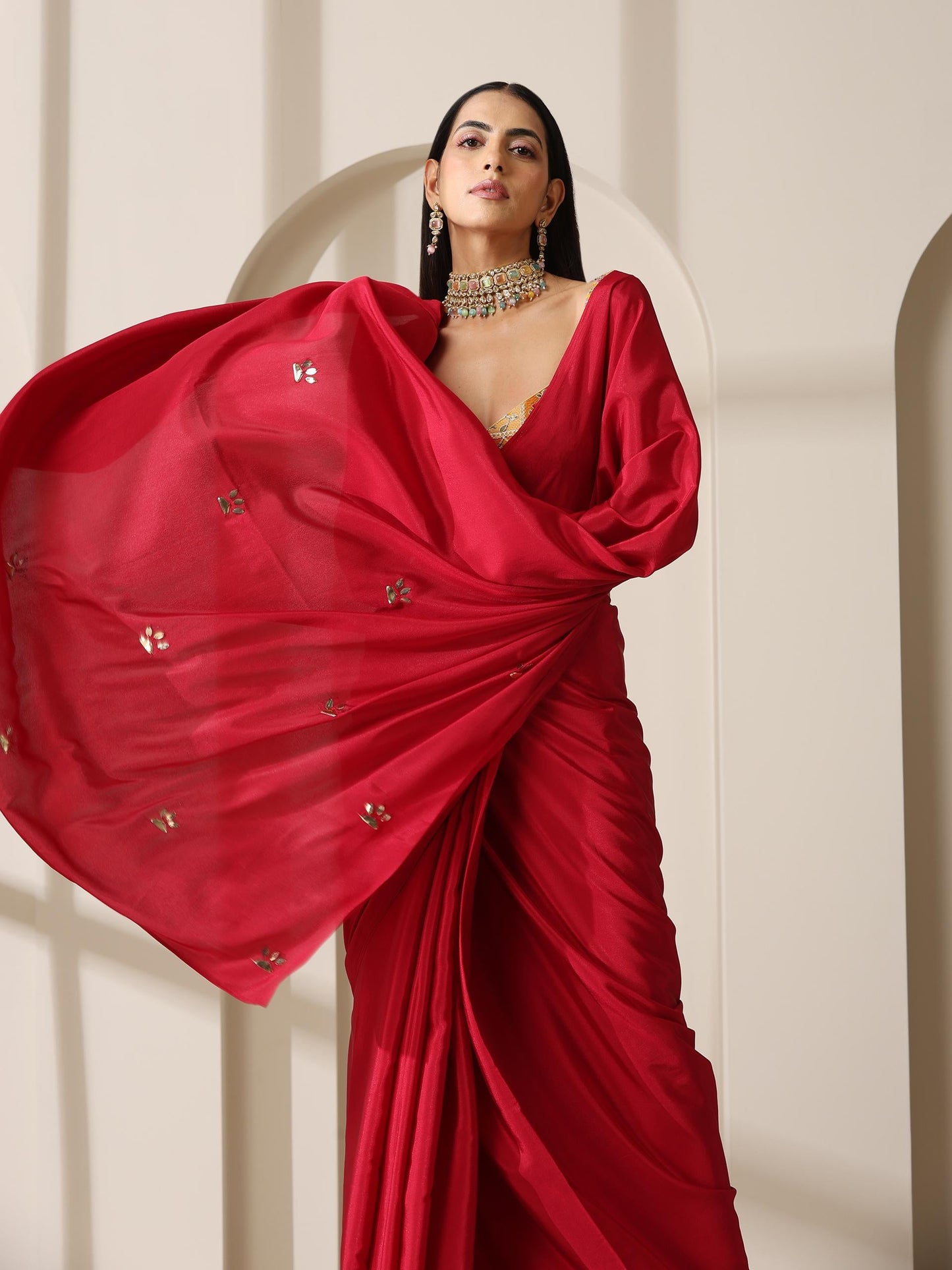 Dhiyona ST Red Crepe Saree with Beads on Pallu and Self Blouse Fabric