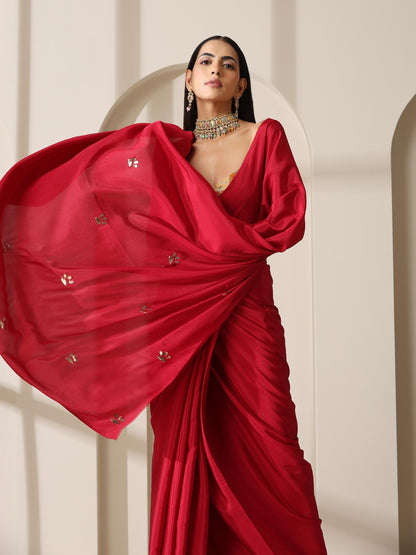Dhiyona ST Red Crepe Saree with Beads on Pallu and Self Blouse Fabric