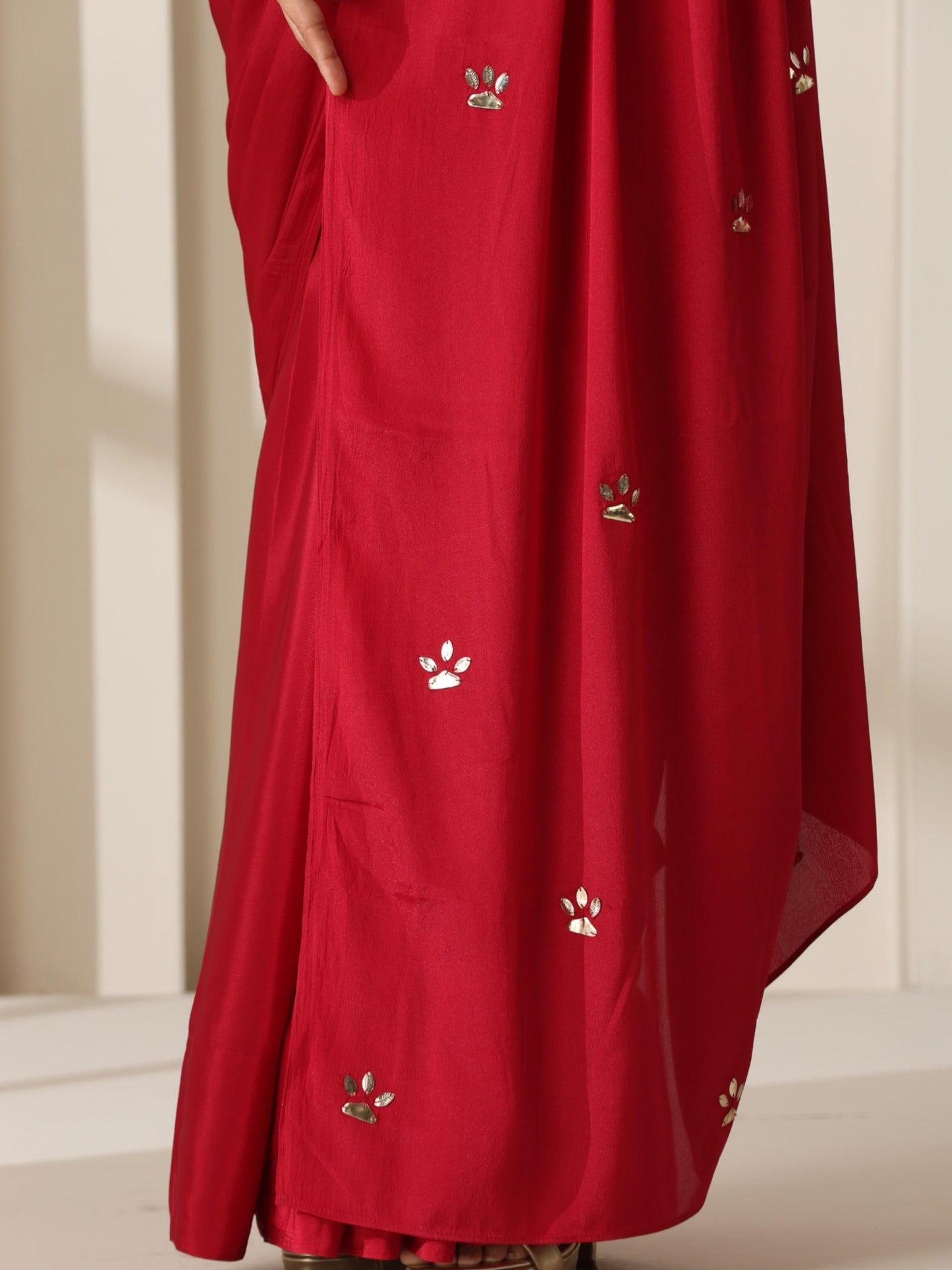 Dhiyona ST Red Crepe Saree with Beads on Pallu and Self Blouse Fabric