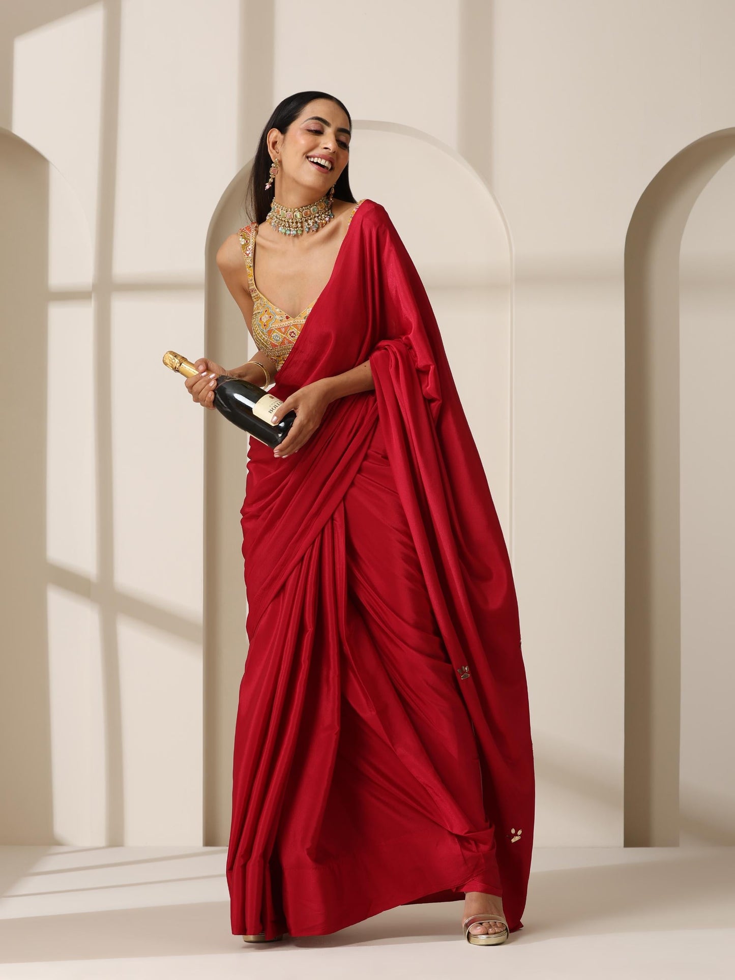 Dhiyona ST Red Crepe Saree with Beads on Pallu and Self Blouse Fabric