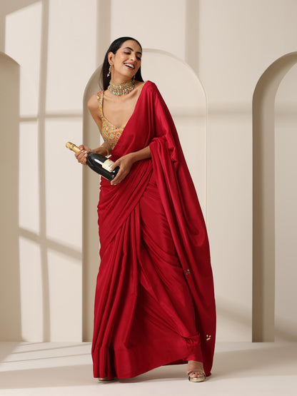 Dhiyona ST Red Crepe Saree with Beads on Pallu and Self Blouse Fabric