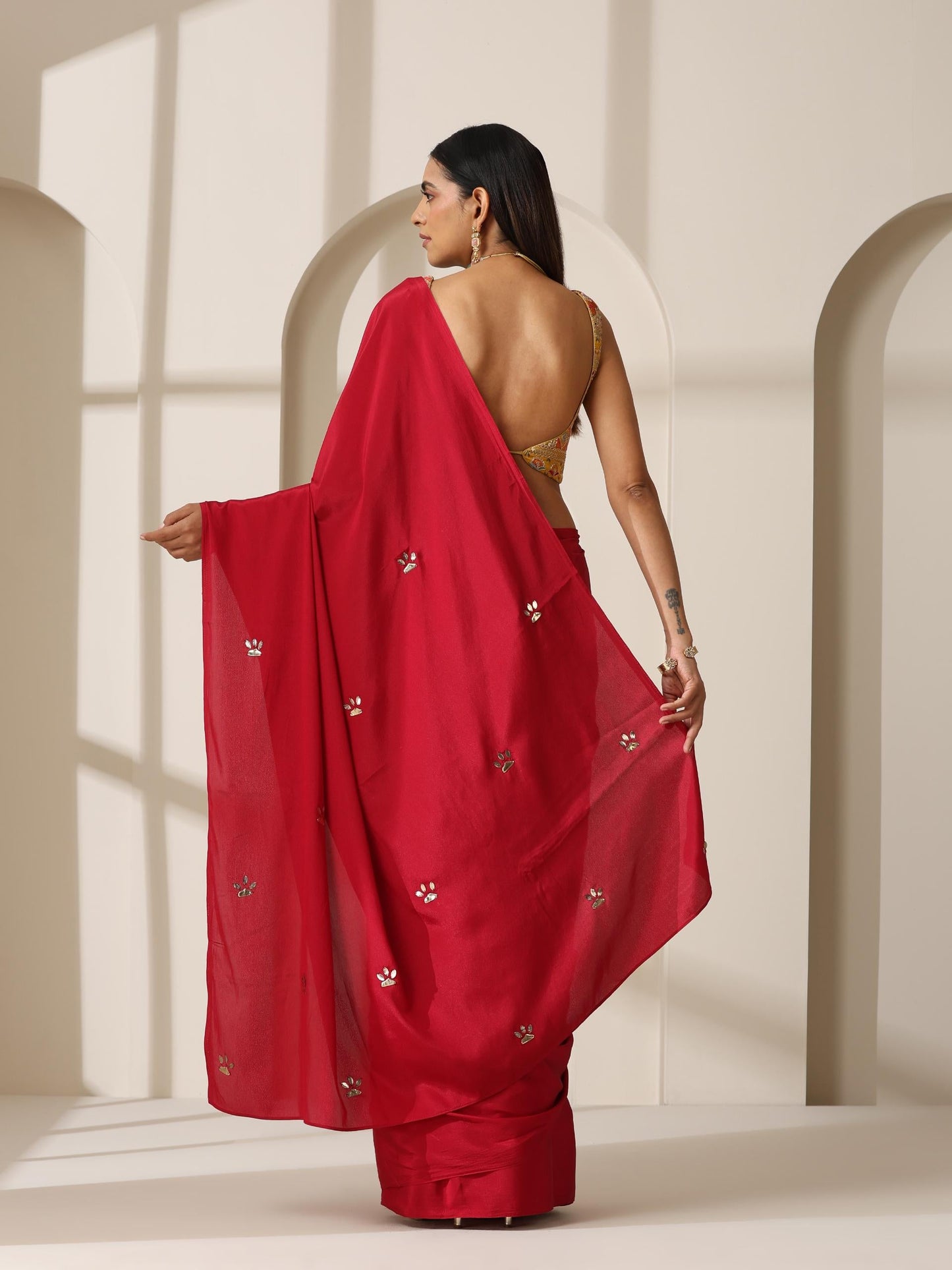 Dhiyona ST Red Crepe Saree with Beads on Pallu and Self Blouse Fabric