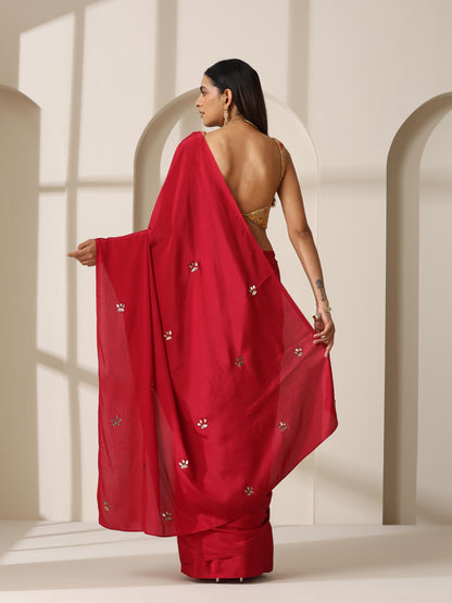 Dhiyona ST Red Crepe Saree with Beads on Pallu and Self Blouse Fabric