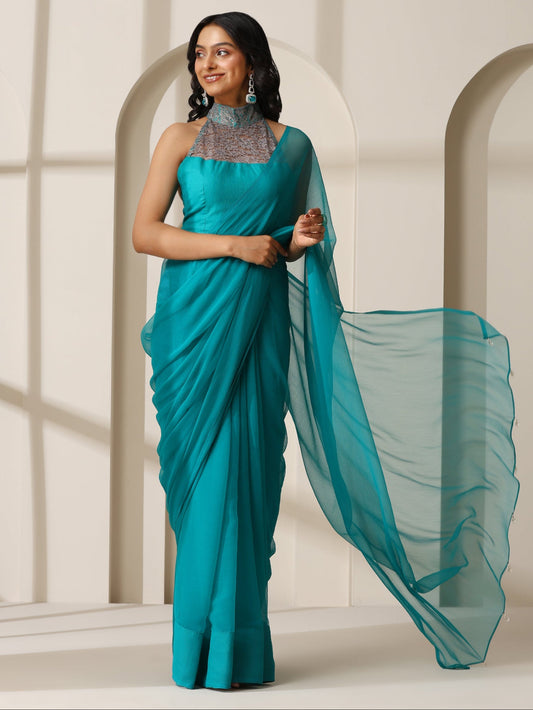 Dhiyona ST Vivid Sea Green Chiffon Saree with Self Blouse Fabric