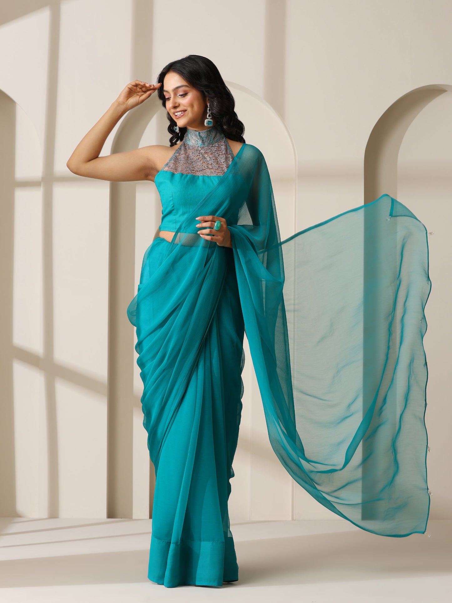Dhiyona ST Vivid Sea Green Chiffon Saree with Self Blouse Fabric