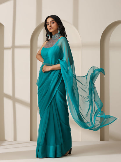 Dhiyona ST Vivid Sea Green Chiffon Saree with Self Blouse Fabric