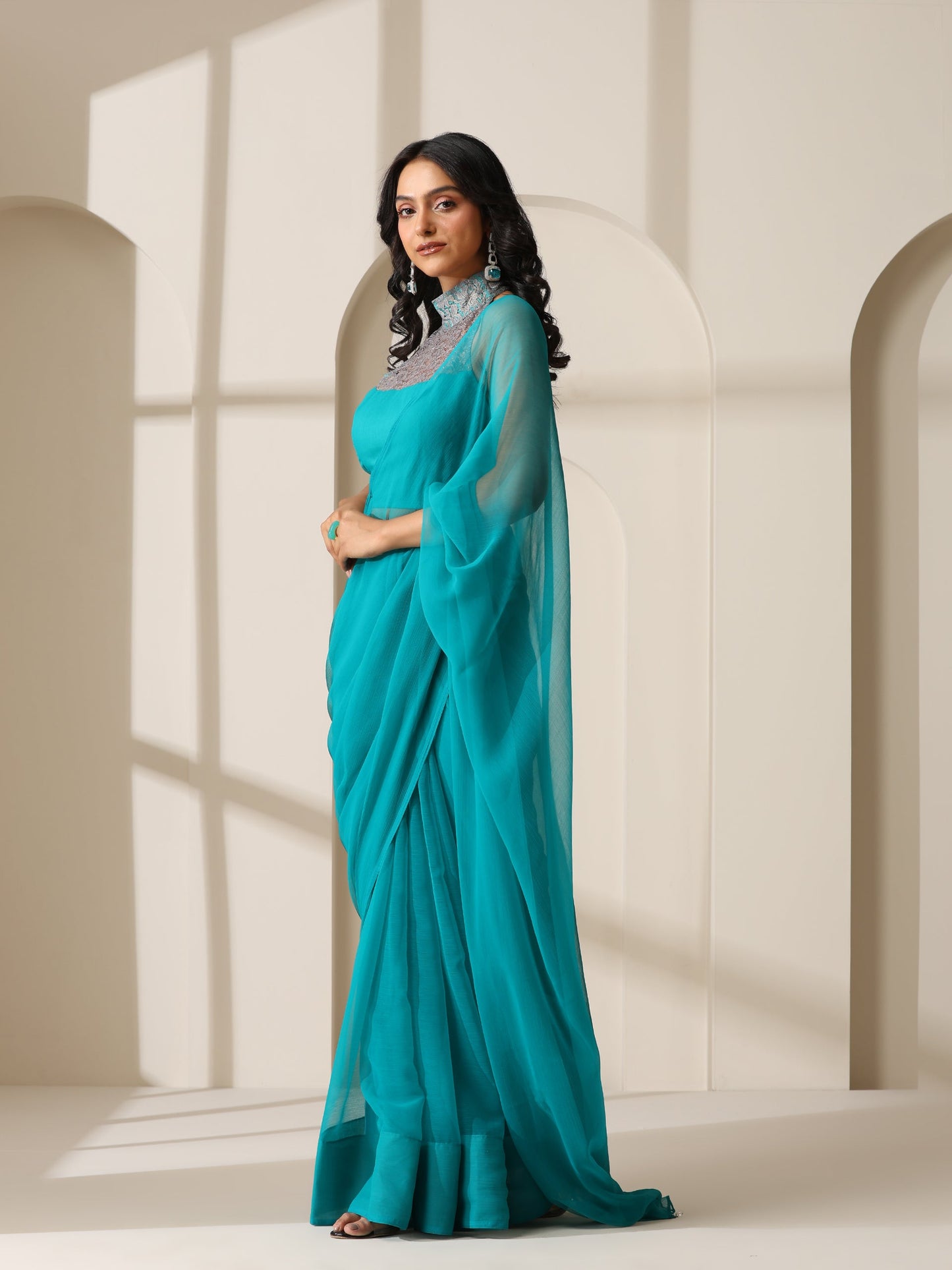 Dhiyona ST Vivid Sea Green Chiffon Saree with Self Blouse Fabric