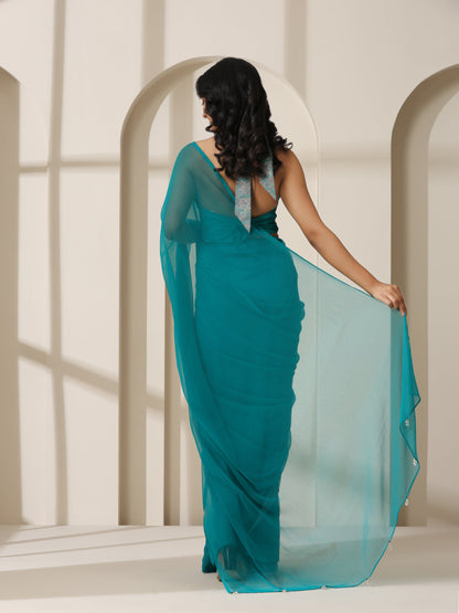 Dhiyona ST Vivid Sea Green Chiffon Saree with Self Blouse Fabric