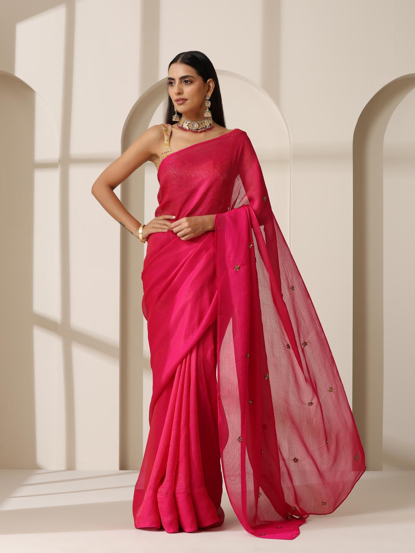 Dhiyona ST Fuchsia Zari Chiffon Saree with Self Blouse Fabric