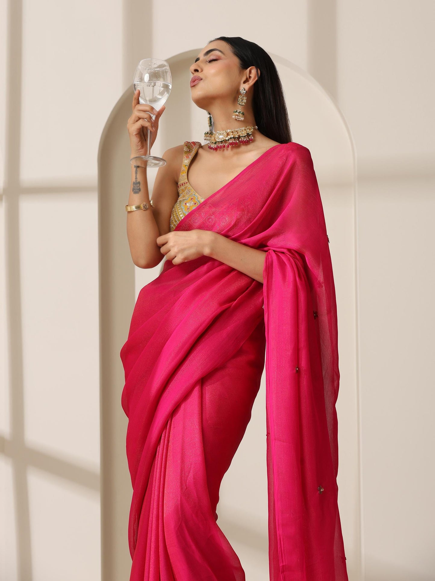 Dhiyona ST Fuchsia Zari Chiffon Saree with Self Blouse Fabric