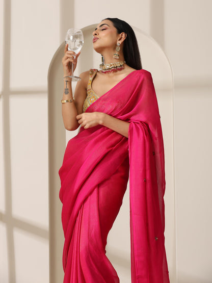 Dhiyona ST Fuchsia Zari Chiffon Saree with Self Blouse Fabric