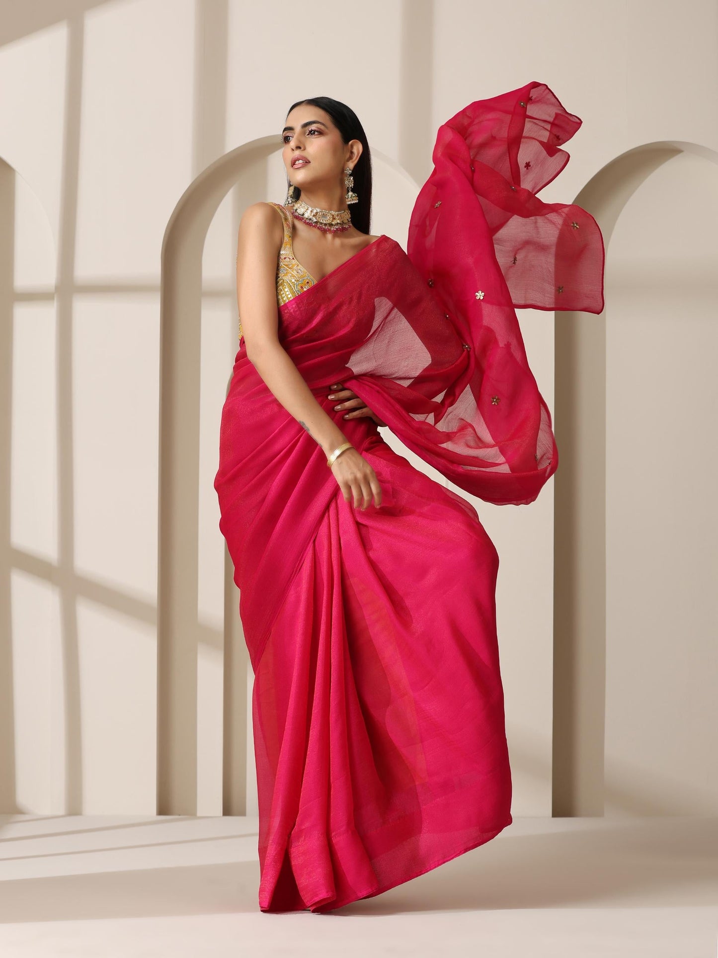 Dhiyona ST Fuchsia Zari Chiffon Saree with Self Blouse Fabric