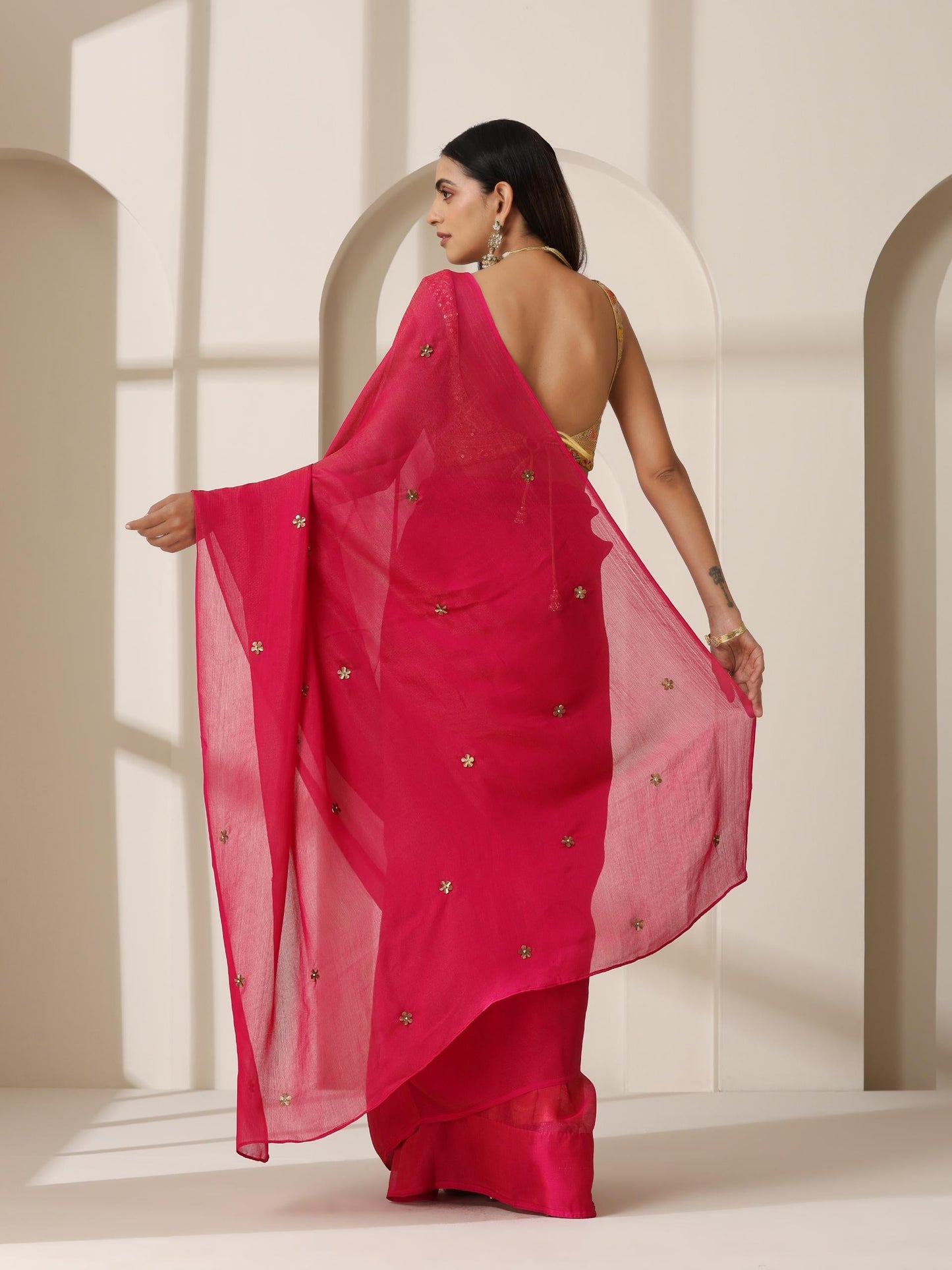 Dhiyona ST Fuchsia Zari Chiffon Saree with Self Blouse Fabric