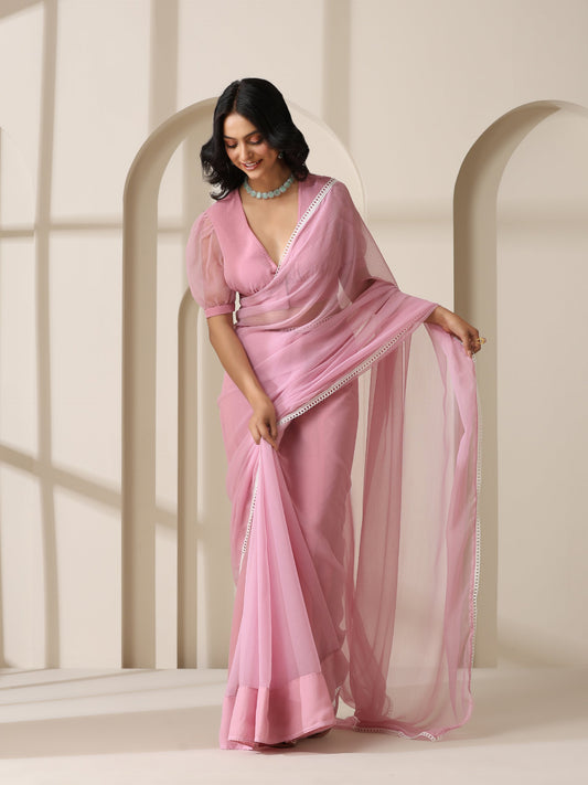 Dhiyona ST Smoky Pink Chiffon Saree with Lace and Self Fabric Blouse