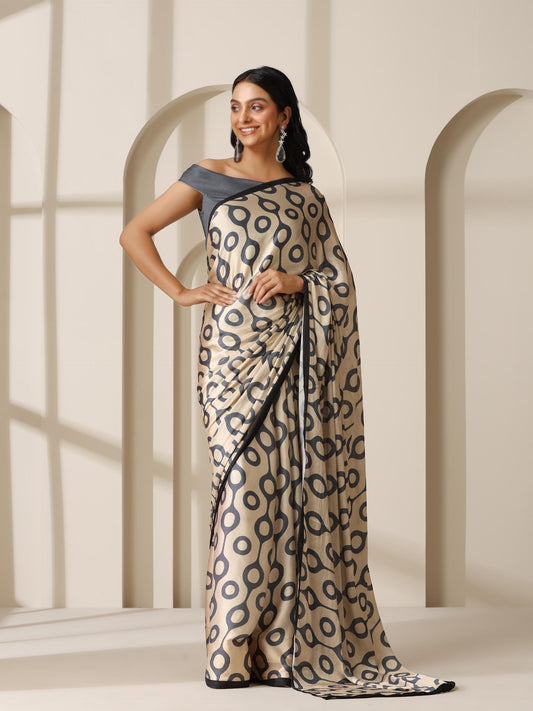 Dhiyona ST Weaver Nest Grey Satin Print Saree with Grey Blouse Fabric