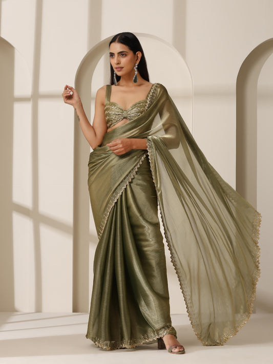 Dhiyona ST Mermaid Dream Hand Cut Dana Embroidery Green Satin Chiffon Saree with Blouse Fabric