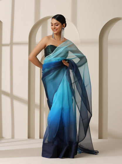 Dhiyona ST Ocean Blue Pure Organza Ombre Printed Saree