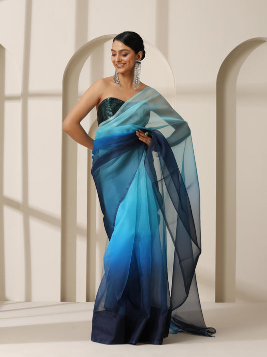 Dhiyona ST Ocean Blue Pure Organza Ombre Printed Saree
