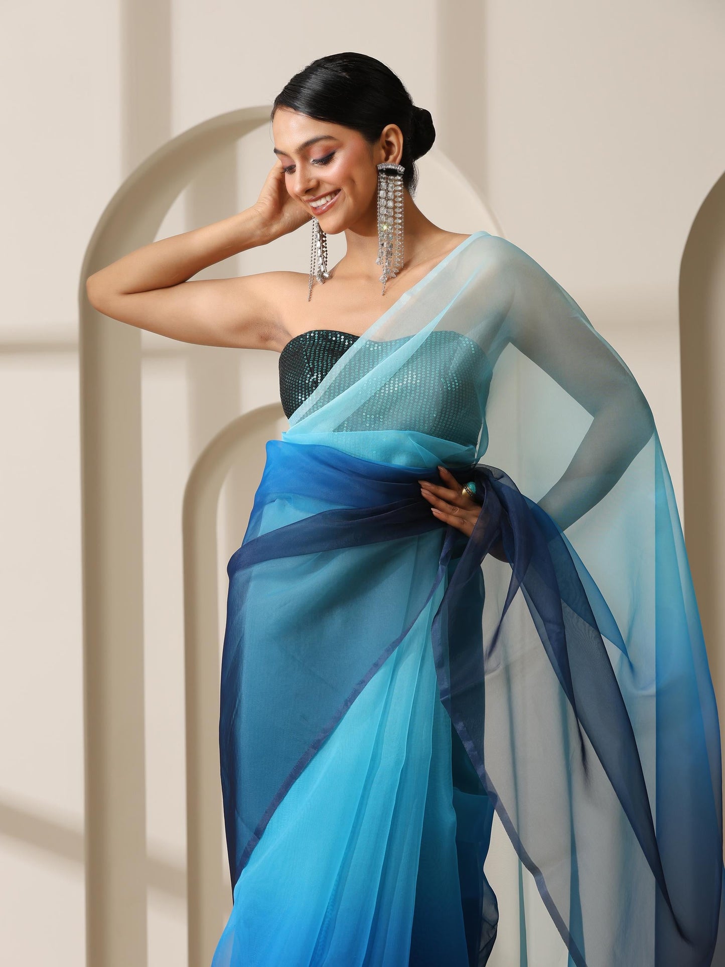 Dhiyona ST Ocean Blue Pure Organza Ombre Printed Saree