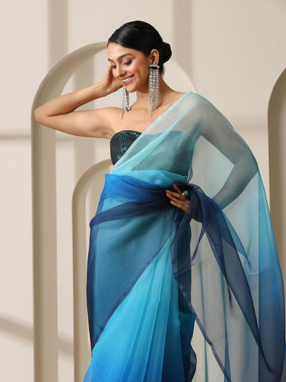 Dhiyona ST Ocean Blue Pure Organza Ombre Printed Saree