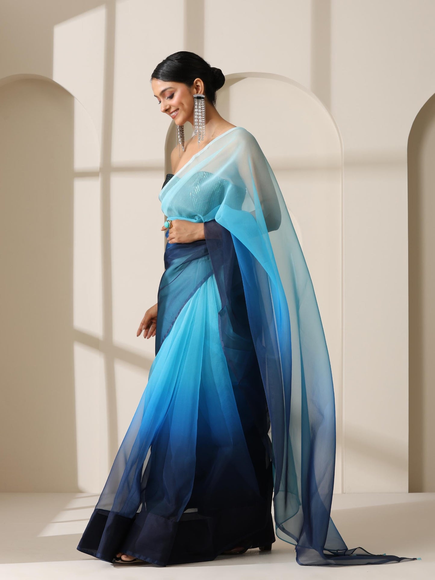 Dhiyona ST Ocean Blue Pure Organza Ombre Printed Saree