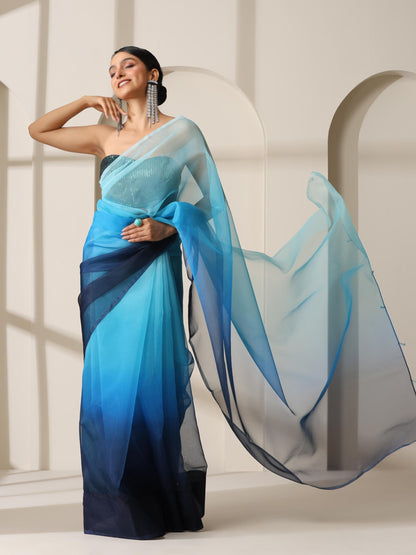 Dhiyona ST Ocean Blue Pure Organza Ombre Printed Saree