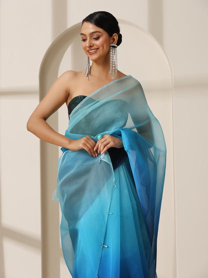 Dhiyona ST Ocean Blue Pure Organza Ombre Printed Saree
