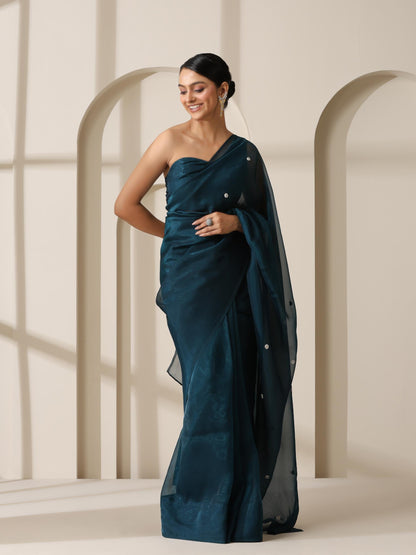 Dhiyona ST Prophecy Blue Shimmer Chiffon Saree with Beads and Self Fabric Blouse