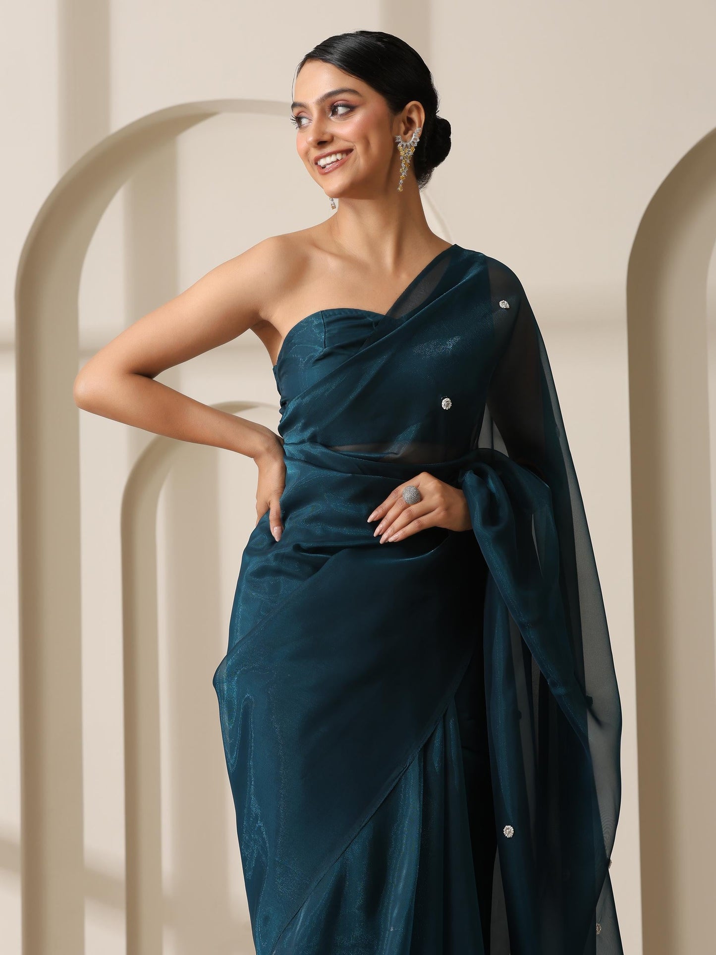 Dhiyona ST Prophecy Blue Shimmer Chiffon Saree with Beads and Self Fabric Blouse