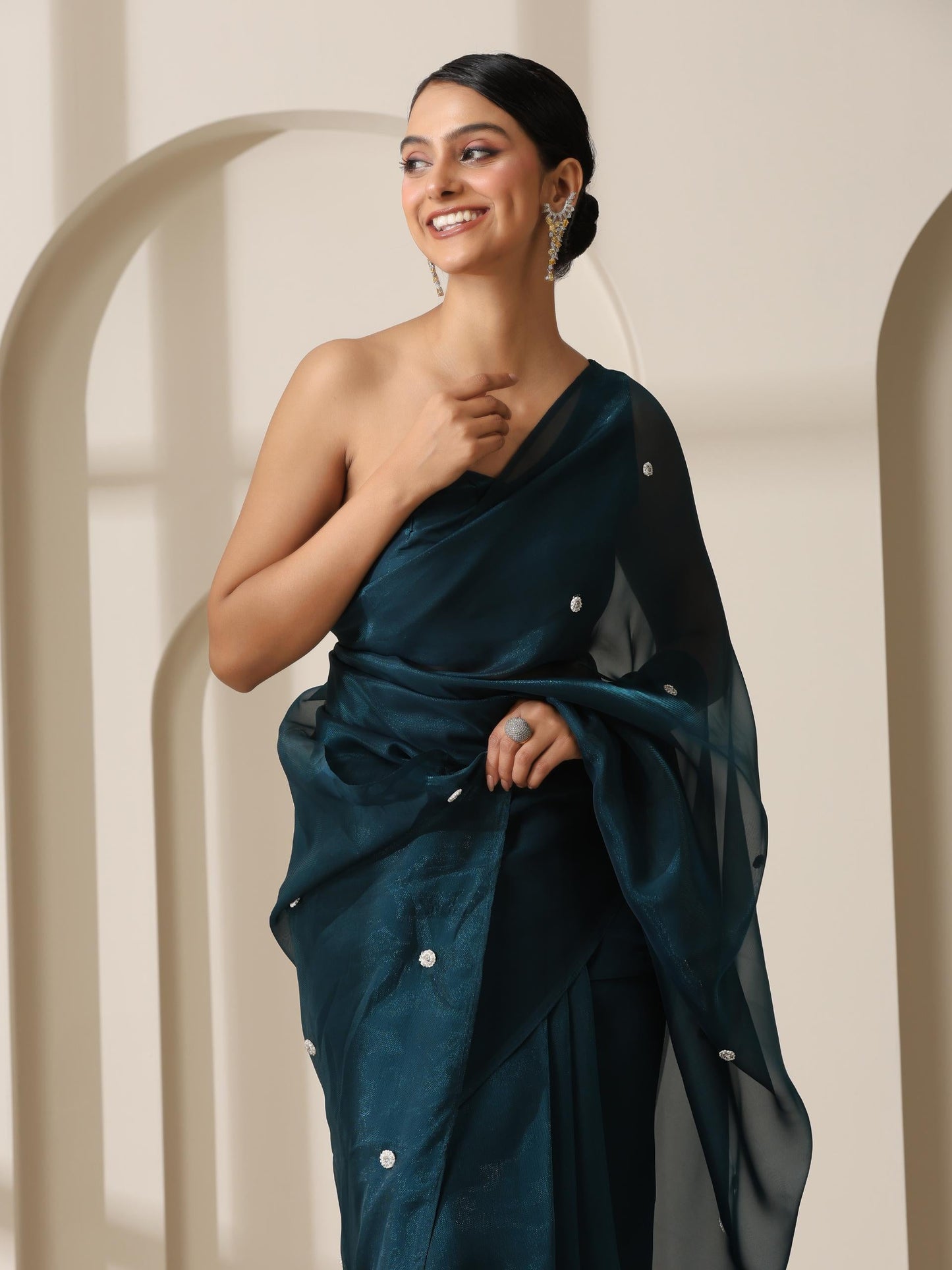 Dhiyona ST Prophecy Blue Shimmer Chiffon Saree with Beads and Self Fabric Blouse