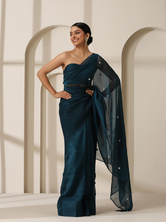 Dhiyona ST Prophecy Blue Shimmer Chiffon Saree with Beads and Self Fabric Blouse